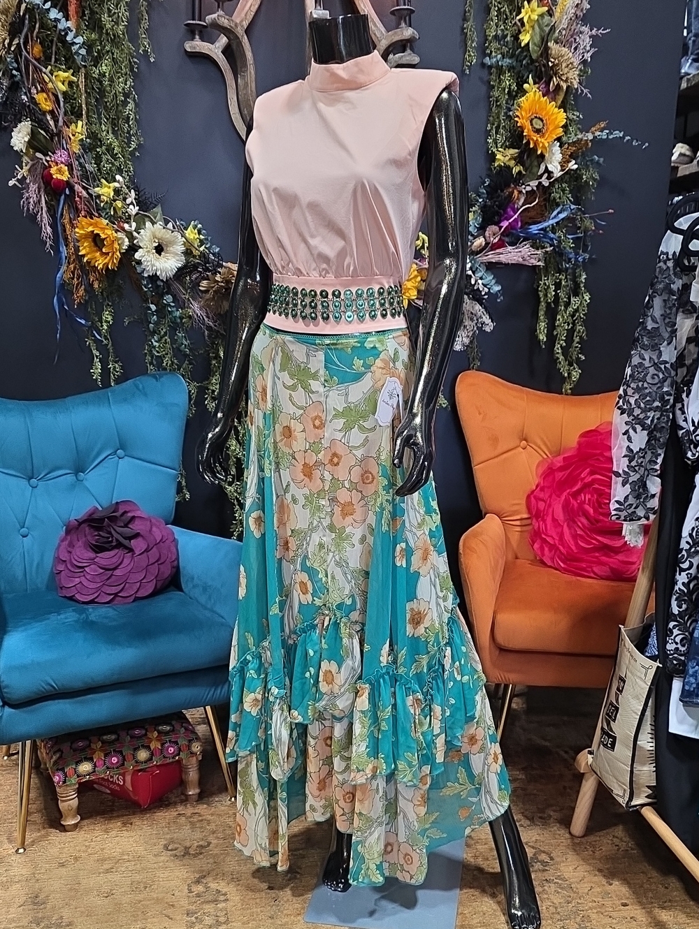 Free People Teal Floral Tiered Maxi Skirt!